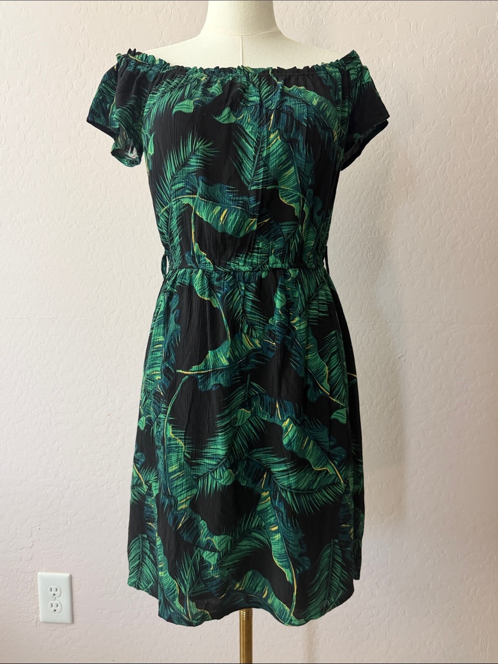 Guess Black Off-Shoulder Dress with Green Tropical Leaf Print